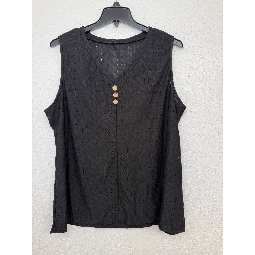 5XL Black Eyelet Tank Top Sleeveless Button Up Casual Blouse Plus‎ Size